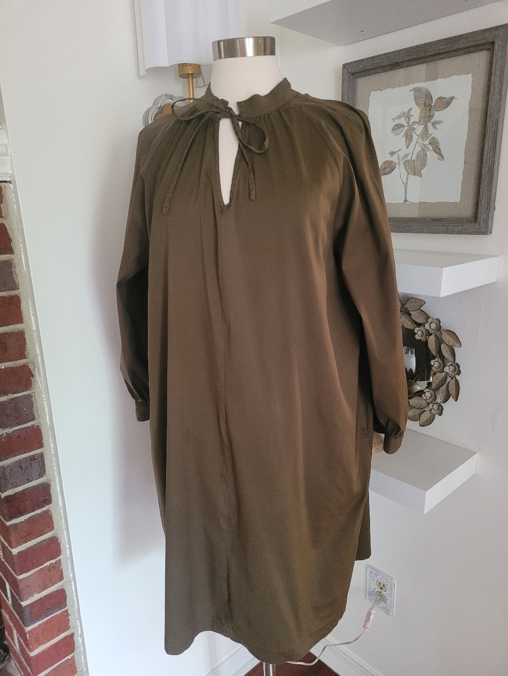 Chico's Olive Green Tie-Neck Long Sleeve Shift Dress Size 2